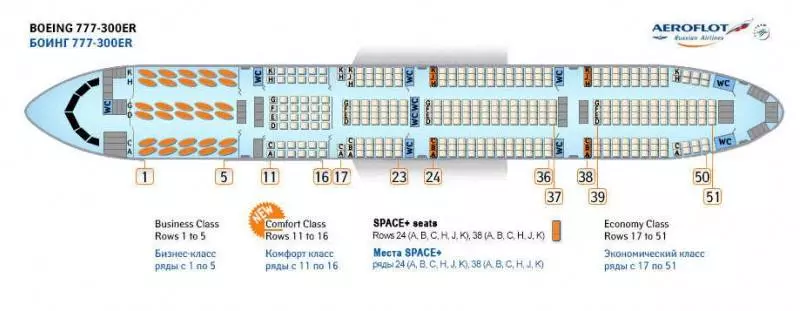 Схема салона Боинга 777-200: Норд Винд и Аэрофлот