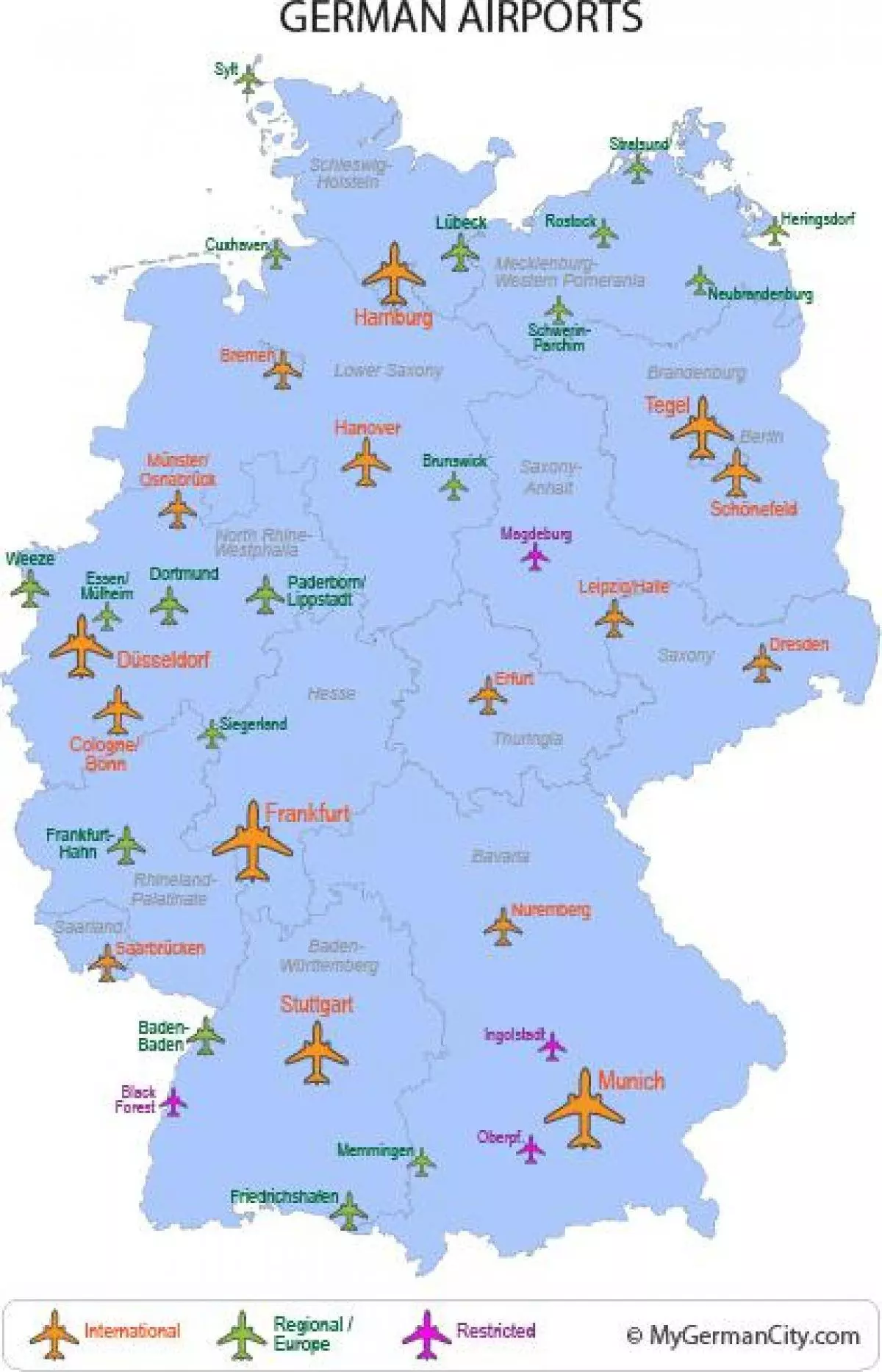 Международные аэропорты германии на карте: полный список, названия аэропортов