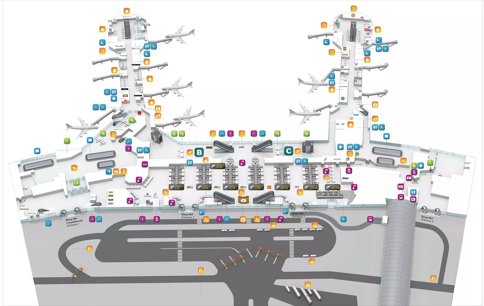 Схема аэропорта домодедово: карта со всеми входами, план движения, стойки регистрации, а также сколько терминалов на вылет внутренних и международных рейсов?