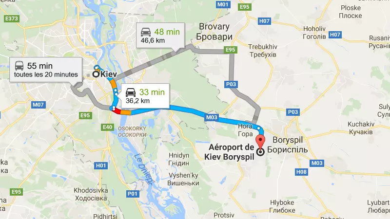 Аэропорт Борисполь на карте Киева