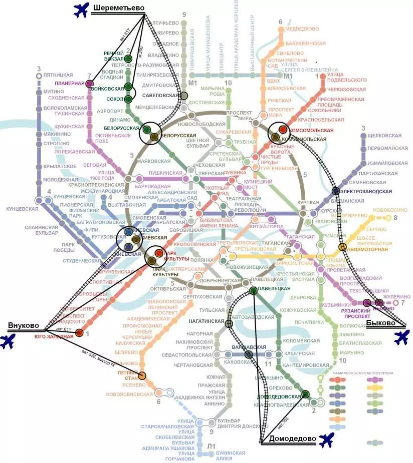 Карта-схема московского метро, аэропортов и жд вокзалов с указаниями